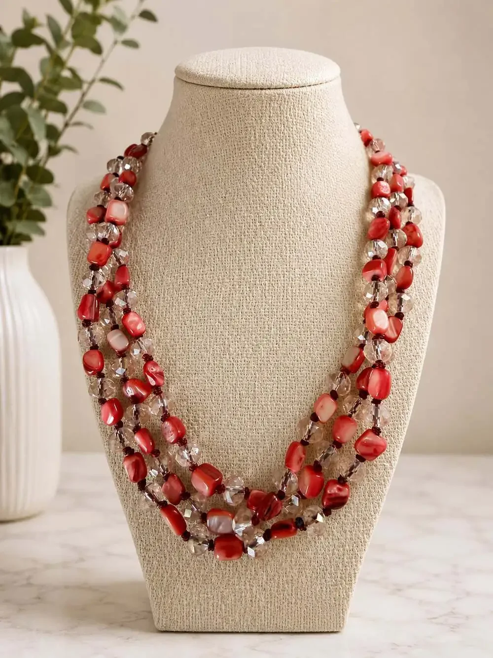 Red Glass Chip & Faceted Crystal-Style Bead Multi-Strand Necklace 17–20” boho